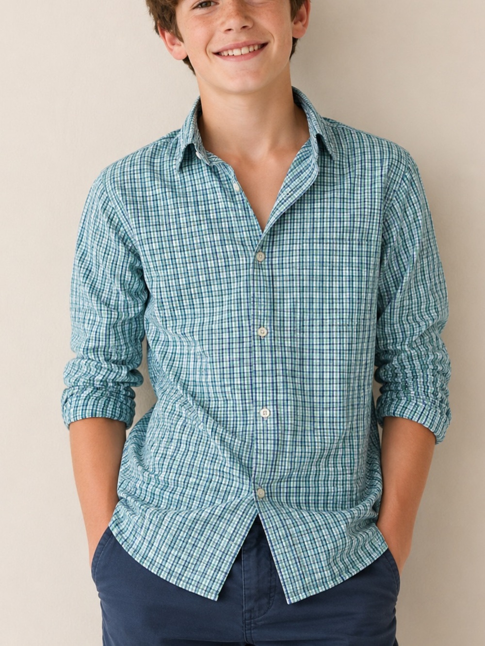 Vineyard Vines Whale Shirt Boys Medium Blue Green Plaid Button Down 100% Cotton